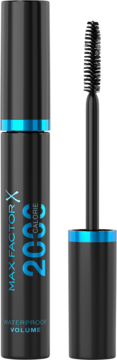 Max Factor 2000 Calorie, czarny pogrubiający tusz do rzęs. Wodoodporna tuba z błękitnym akcentem i otwarta szczoteczka.