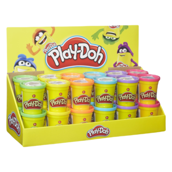 Display Play-Doh z rzędami barwnych tub, żółtym logo i postaciami z kreskówek, widok z przodu.