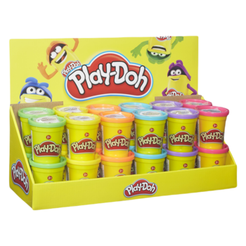 Display Play-Doh z rzędami barwnych tub, żółtym logo i postaciami z kreskówek, widok z przodu.