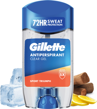 Antyperspirant Gillette Clear Gel Sport Triumph, 72HR ochrona, w przezroczystym sztyfcie, otoczony lodem, cytryną i drewnem.