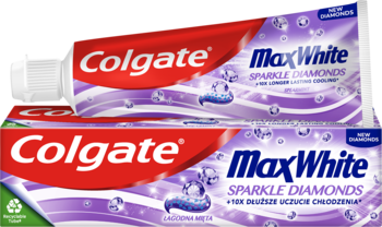 Dwie tubki wybielającej pasty Colgate Max White Sparkle Diamonds, biało-fioletowe, widok z przodu.