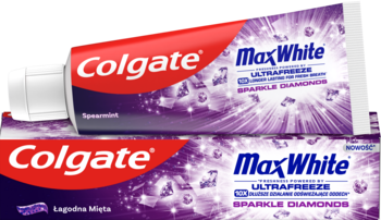 Colgate MaxWhite Sparkle Diamonds, wybielająca pasta do zębów w purpurowej tubce na opakowaniu, z przodu.