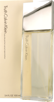 Truth Calvin Klein woda perfumowana w prostej, szklanej butelce z jasnym płynem, obok beżowe pudełko.