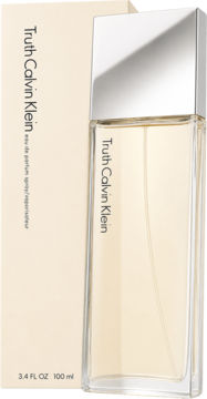 Truth Calvin Klein woda perfumowana, butelka z srebrną nakrętką obok beżowego pudełka, widok pod kątem.
