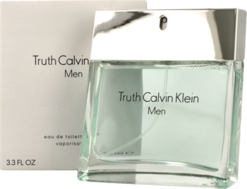 Calvin Klein Truth Men woda toaletowa w przezroczystej butelce ze srebrnym korkiem, obok białego pudełka.