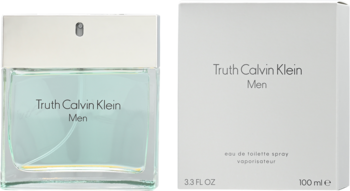 Przezroczysta butelka Calvin Klein Truth Men EDT z błękitnym płynem i białe opakowanie, widok z przodu.
