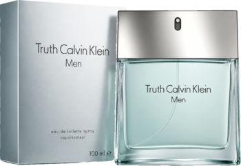 Calvin Klein Truth Men woda toaletowa, butelka z niebieskim płynem i srebrnym korkiem obok szarego pudełka.