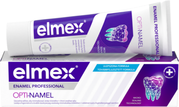 Pasta do zębów elmex Professional Opti-Namel w fioletowo-białej tubce i pudełku, widok z przodu z detalem tubki.