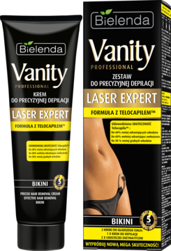 Bielenda Vanity Laser Expert krem do depilacji bikini w czarnej tubce z pudełkiem, widok z przodu.