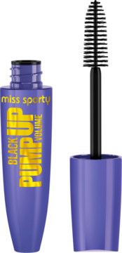 Mascara Miss Sporty Pump Up Black Volume w fioletowej butelce, obok otwarty aplikator z czarną szczoteczką.