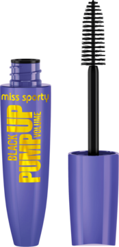 Mascara Miss Sporty Pump Up Black Volume w fioletowej butelce, obok otwarty aplikator z czarną szczoteczką.