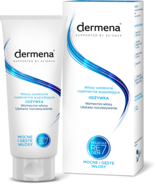 Dermena odżywka wzmacniająca do włosów suchych i wypadających, biała tubka z pudełkiem, widok przodem.