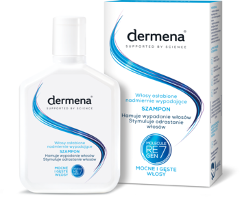 Dermena szampon REGEN7 do włosów osłabionych, przeciw wypadaniu, biała butelka i pudełko z niebieską falą.