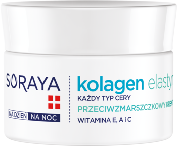 Biały krem Soraya Kolagen+Elastyna tłusty, przeciwzmarszczkowy, na dzień i noc. Widok z przodu.