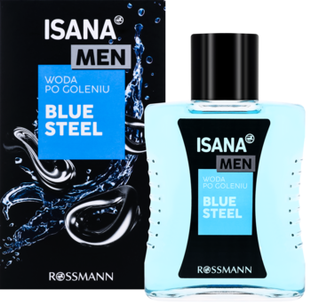 ISANA Men Blue Steel woda po goleniu w jasnoniebieskiej butelce obok czarnego pudełka, odświeżający zapach, z przodu.
