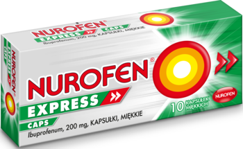 Nurofen Express 200mg, białe opakowanie miękkich kapsułek z zielonym pasem i logo, widok lekko z boku.