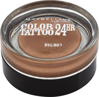 Maybelline Color Tattoo 24HR, kremowy cień do powiek w kolorze brązowego beżu, w szklanym słoiczku z czarną nakrętką, widok z góry.