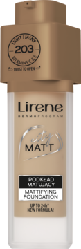 Matujący podkład Lirene City Matt 203 Light z witaminami C&E w beżowej butelce z pompką, widok z przodu.