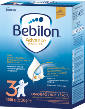 Mleko Bebilon Advance Pronutra 3 junior, 1000g, w niebiesko-białym kartonowym pudełku, widok z przodu.