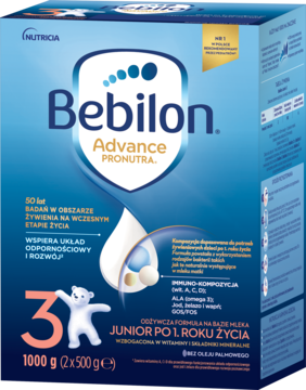 Niebieskie opakowanie Bebilon 3 Advance Pronutra 1000g dla juniora, widok z przodu, z białym misiem i kroplą.