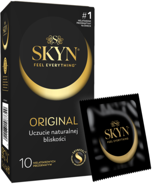 SKYN Original nielateksowe prezerwatywy w czarnym pudełku ze złotym logo i pojedynczą folią, widok z przodu.