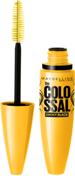 Maybelline The Colossal Smoky Black mascara. Otwarta, pomarańczowa buteleczka z wysuniętą żółtą szczoteczką.