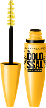Maybelline The Colossal Smoky Black mascara. Otwarta, pomarańczowa buteleczka z wysuniętą żółtą szczoteczką.