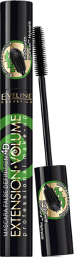 Eveline Mascara Extension Volume 4D w czarnej tubce z zielonymi akcentami, obok szczoteczka z DuPont Hytrel.