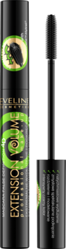 Eveline Cosmetics Extension Volume, czarny tusz do rzęs wydłużający i podkręcający, obok precyzyjna szczoteczka.