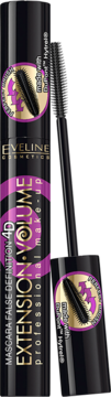 Czarna maskara Eveline Extension Volume 4D False Definition z aplikatorem obok, złote logo, różowe akcenty.