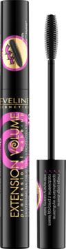 Eveline Cosmetics Extension Volume mascara w czarnej tubie z różowym logo i wysuniętą czarną szczoteczką.