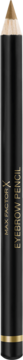 Pionowe ujęcie czarnej kredki do brwi Max Factor w odcieniu Hazel, ze złotymi paskami i pędzelkiem.