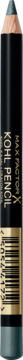 Czarna kredka Max Factor Kohl Kajal Masterpiece z metaliczną złotą etykietą i oliwkową końcówką, widok z przodu.