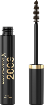 Max Factor 2000 Calorie czarny tusz do rzęs, otwarty, ze szczoteczką z brązowym włosiem, widok z przodu.