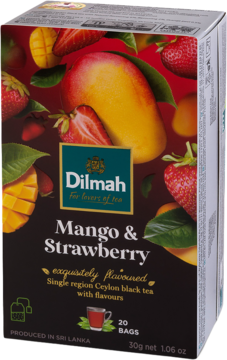 Pudełko herbaty Dilmah Mango & Strawberry, czarna herbata cejlońska, 20 torebek, z barwnym obrazem owoców.