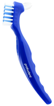 Niebieska szczoteczka do protez Prokudent z ergonomicznym uchwytem i dwiema główkami szczotkującymi, widok z boku.