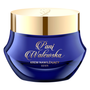 Pani Walewska nawilżający krem na dzień, elegancki granatowy słoiczek ze złotą nakrętką, widok z przodu.