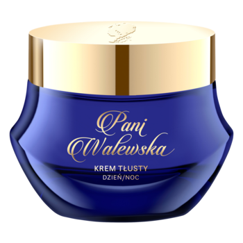 Regenerujący krem Pani Walewska KREM TŁUSTY w granatowym słoiczku ze złotą nakrętką, z przodu.