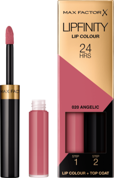 Max Factor Lipfinity Lip Colour 020 Angelic, różowa pomadka z aplikatorem i top coatem obok różowo-czarnego pudełka.