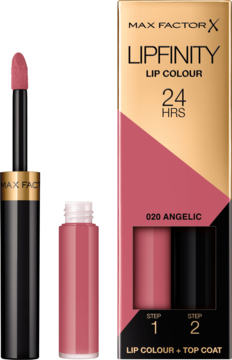 Max Factor Lipfinity Lip Colour 020 Angelic, różowa pomadka z aplikatorem i top coatem obok różowo-czarnego pudełka.