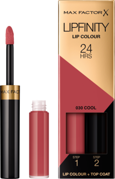 Max Factor Lipfinity 030 Cool pomadka dwufazowa w czerwono-czarnym pudełku i otwartym aplikatorze.