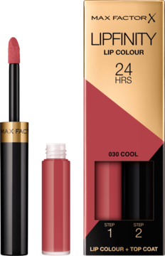 Max Factor Lipfinity 030 Cool pomadka dwufazowa w czerwono-czarnym pudełku i otwartym aplikatorze.