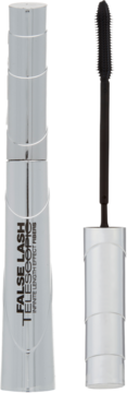 Srebrny tusz L'Oréal False Lash Telescopic z otwartą tubką i wydłużającą szczoteczką do rzęs.