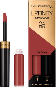 Max Factor Lipfinity Lip Colour 070 Spicy, dwufazowa pomadka z aplikatorem i pojemnikiem obok opakowania.