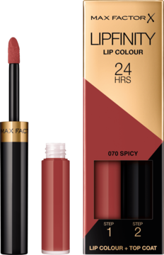Max Factor Lipfinity Lip Colour 070 Spicy, dwufazowa pomadka z aplikatorem i pojemnikiem obok opakowania.