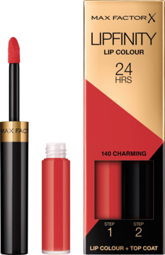 Max Factor Lipfinity Lip Colour 140 Charming: czerwona, dwufazowa pomadka 24H z aplikatorem i pudełkiem.