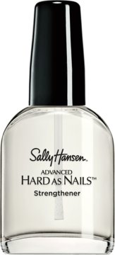 Sally Hansen Advanced Hard As Nails Strengthener, clear glass bottle with black cap, frontal view.