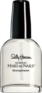 Sally Hansen Advanced Hard As Nails Strengthener, clear glass bottle with black cap, frontal view.