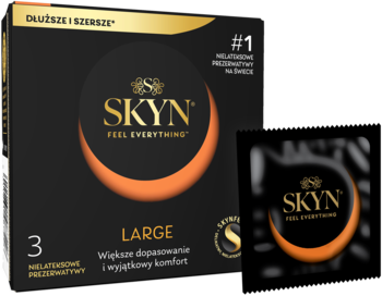 Czarne pudełko prezerwatyw SKYN Large, 3 sztuki, z napisem "Nielateksowe" i pojedynczą prezerwatywą.