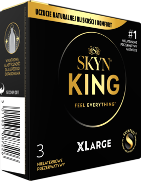 Czarna, elegancka paczka nielateksowych prezerwatyw SKYN KING XLARGE, z przodu, złote detale i logo.